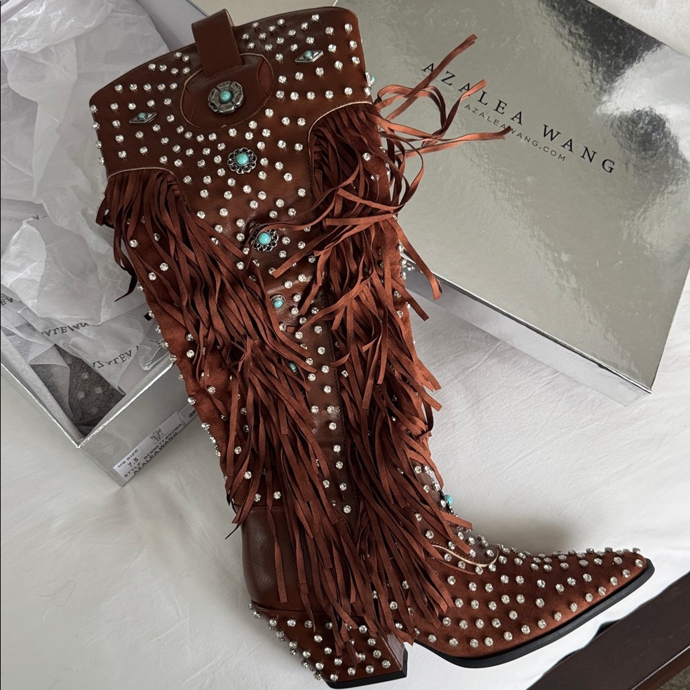Azalea Wang Brown Fringe Boots with Studs